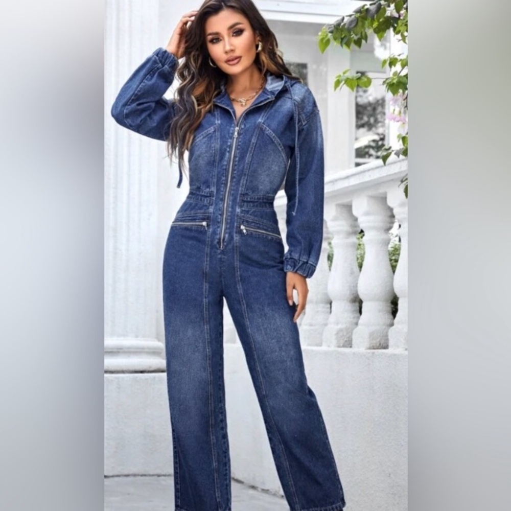✨LAST CALL ✨ NWT Free People Hooded Denim Jumpsuit Coveralls Drawstring Zipper
